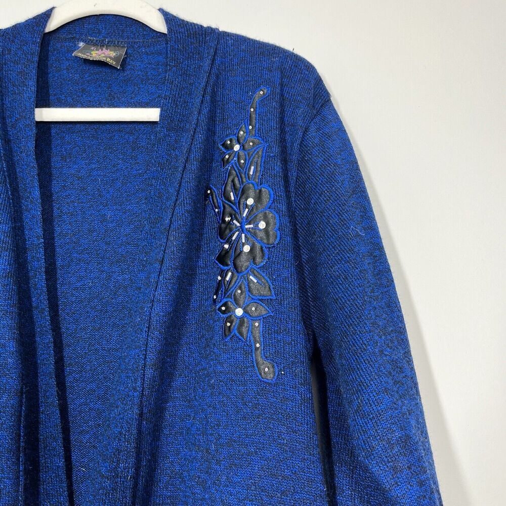 VINTAGE SAN MARCOS REY TURQUOISE LONG SWEATER CARDIGAN SIZE XL FLORAL APPLIQUÉ - Picture 4 of 9